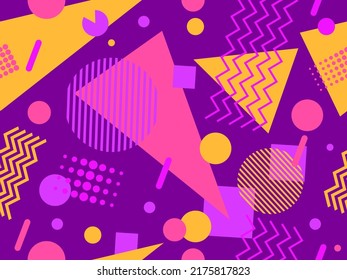 Geometric seamless pattern in 80s style. Background with colorful geometric shapes in memphis style. Design of promotional products, wrapping paper and printing. Vector illustration