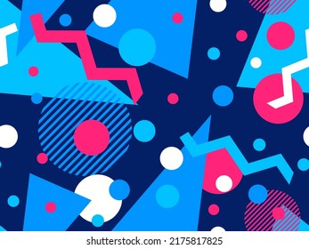 Geometric seamless pattern in 80s style. Background with colorful geometric shapes in memphis style. Design of promotional products, wrapping paper and printing. Vector illustration