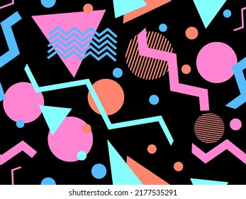 Geometric seamless pattern in 80s style. Background with colorful geometric shapes in memphis style. Design of promotional products, wrapping paper and printing. Vector illustration