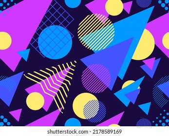 Geometric seamless pattern in 80s style. Background with colorful geometric shapes in memphis style. Design of promotional products, wrapping paper and printing. Vector illustration
