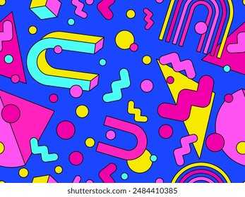 Geometric seamless pattern in 80s style. Colorful geometric pattern with isometric geometric 3D shapes. Design of promotional products, wrapping paper and printing. Vector illustration