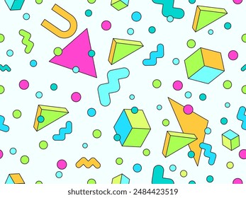 Geometric seamless pattern in 80s style. Colorful geometric pattern with isometric geometric 3D shapes. Design of promotional products, wrapping paper and printing. Vector illustration