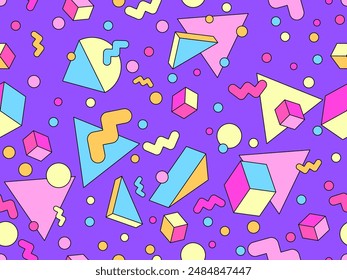 Geometric seamless pattern in 80s style. Colorful geometric pattern with isometric geometric 3D shapes. Design of promotional products, wrapping paper and printing. Vector illustration