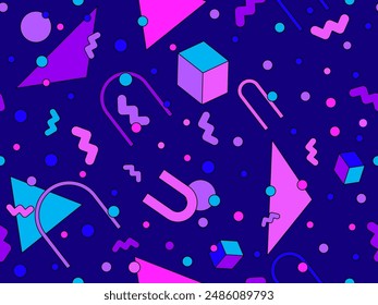 Geometric seamless pattern in 80s style. Colorful geometric pattern with isometric geometric 3D shapes. Design of promotional products, wrapping paper and printing. Vector illustration