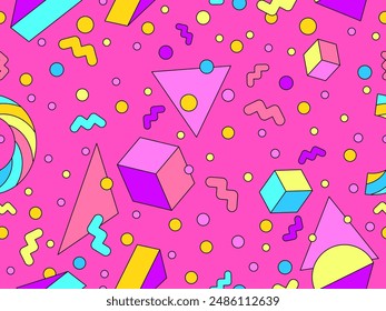 Geometric seamless pattern in 80s style. Colorful geometric pattern with isometric geometric 3D shapes. Design of promotional products, wrapping paper and printing. Vector illustration