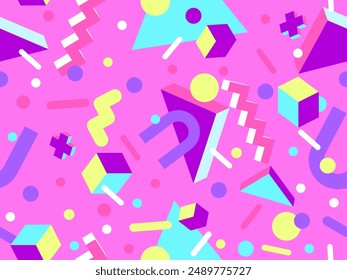 Patrón geométrico sin costuras en estilo de los años 80. Patrón geométrico colorido con Formas 3D geométricas isométricas. Diseño de productos promocionales, papel de embalaje e impresión. Ilustración vectorial