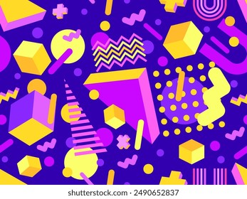 Patrón geométrico sin costuras en estilo de los años 80. Patrón geométrico colorido con Formas 3D geométricas isométricas. Diseño de productos promocionales, papel de embalaje e impresión. Ilustración vectorial