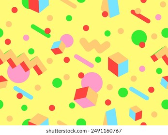 Geometric seamless pattern in 80s style. Colorful geometric pattern with isometric geometric 3D shapes. Design of promotional products, wrapping paper and printing. Vector illustration