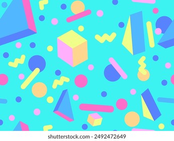 Geometric seamless pattern in 80s style. Colorful geometric pattern with isometric geometric 3D shapes. Design of promotional products, wrapping paper and printing. Vector illustration