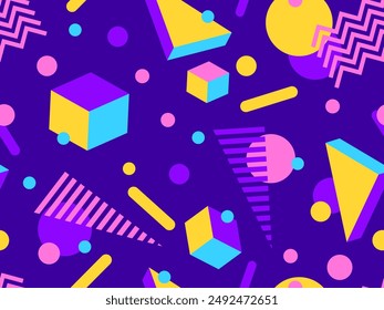 Geometric seamless pattern in 80s style. Colorful geometric pattern with isometric geometric 3D shapes. Design of promotional products, wrapping paper and printing. Vector illustration