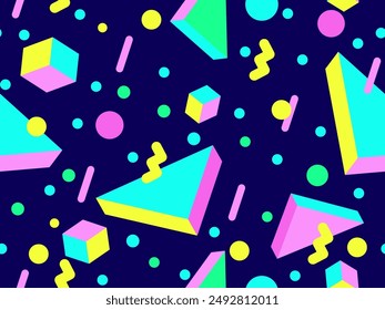 Geometric seamless pattern in 80s style. Colorful geometric pattern with isometric geometric 3D shapes. Design of promotional products, wrapping paper and printing. Vector illustration