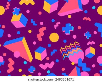 Geometric seamless pattern in 80s style. Colorful geometric pattern with isometric geometric 3D shapes. Design of promotional products, wrapping paper and printing. Vector illustration