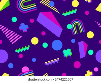 Geometric seamless pattern in 80s style. Colorful geometric pattern with isometric geometric 3D shapes. Design of promotional products, wrapping paper and printing. Vector illustration