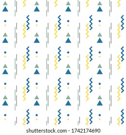 Geometric seamless pattern. Abstract background with circles, stripes. Repeating texture triangles, zig zag. Vector illustration. Modern vertical ornament. Design paper, wallpaper, textile, cloth.