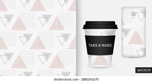 Geometric seamless pattern. Abstract background with triangles and dots. Repeating texture. Vector illustration with geometric shapes. Modern ornament. Design paper, wallpaper, fabric. Mockup.