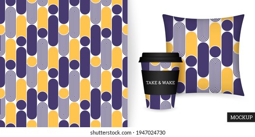 Geometric seamless pattern. Abstract background violet, orange circles. Colorful ornament with rounded shapes. Repeating texture. Vector illustration. Design paper, wallpaper, textile, fabric. Mockup.