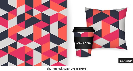 Geometric seamless pattern. Abstract background with colorful geometric shapes. Ornament with triangles. Repeating texture. Vector illustration. Design paper, wallpaper, textile, fabric. Mockup.