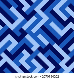 Geometric seamless pattern. Abstract background with blue geometric shapes. Ornament in stripe. Repeating texture. Vector illustration. Design paper, wallpaper, fabric.