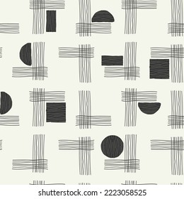 Geometric seamless pattern abstract black lines, blots of shapes in artistic style. Drawing minimalist art compositions hand painted background. monochrome sketch