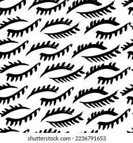 Geometric seamless pattern with abstract  blots and eyelashes  in style eyes.  Bold stains and irregular dots of different size texture. Modern seamless black and white ink stains pattern.
