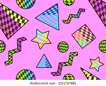 Geometric seamless pattern with abstract checkered pattern in 90s style. Distorted multi-colored grid of their squares. Design of banners and promotional items. Vector illustration