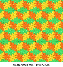 Patrón geométrico sin soldadura con hojas coloridas abstractas (verde, amarillo, naranja) y puntos blancos.Mosaico brillante e ilustración vectorial teselada en forma de dibujos animados.Para tela,textil,papel pintado,envoltura.