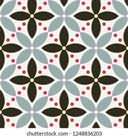 Geometric seamless pattern with abstract flowers, leafs and red berries