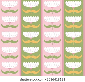 Geometric seamless pattern with abstract flowers in retro style. Vector floral background. Vintage fashionable print with daisy funky flowers in 1970s style