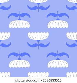 Geometric seamless pattern with abstract flowers in retro style. Vector floral background. Vintage fashionable print with daisy funky flowers in 1970s style