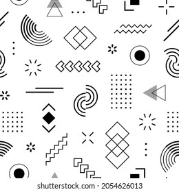 Geometric seamless pattern. Abstract graphic shapes for design school prints. Memphis style. Repeated geometry background. Repeating random element patern. Simple modern texture. Vector illustration