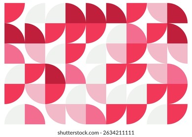 Geometric seamless pattern with abstract half circles in pink and red shades on white background.