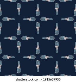 Geometric seamless pattern with abstract juggler faces ornament. Navy blue background. Simple design. Vector illustration for seasonal textile prints, fabric, banners, backdrops and wallpapers.
