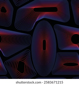 Geometric seamless pattern with abstract, layered contour lines in red and blue. Optical illusion effect with depth. Great for wallpapers, prints, branding, and futuristic visuals.