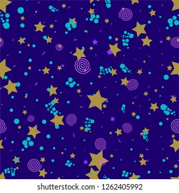 Geometric seamless pattern in abstract memphis style, gold circles, stars, spirals