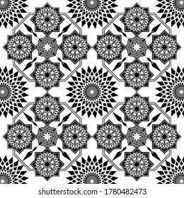 Patrón geométrico sin soldadura. Resumen de patrón monocromo con estrellas, fondo negro y blanco. Repetir diseño para decoración, tela, impresión