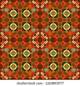 Geometric seamless pattern. Abstract mosaic vector background. Sketch in pink, green and orange colors. Design elements.