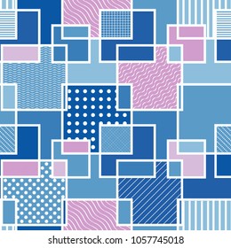 Geometric seamless pattern.  Abstract rectangle background with stripe, waves and polka dot . Vector illustration.  Modern abstract design poster, cover, card design, fabric sample, promotional materi