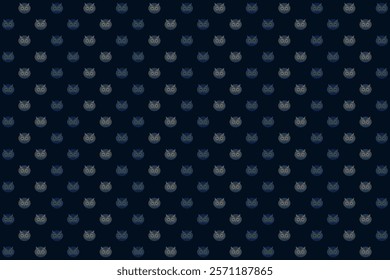 Geometric seamless pattern with abstract sleepy owl face in gray n blue on dark blue background. Vector illustration. For masculine male shirt lady dress cloth textile all over print