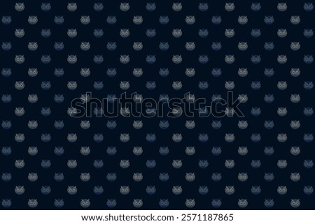 Geometric seamless pattern with abstract sleepy owl face in gray n blue on dark blue background. Vector illustration. For masculine male shirt lady dress cloth textile all over print