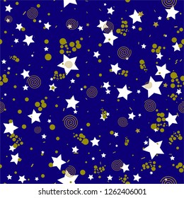 Geometric seamless pattern in abstract style, gold circles, stars, spirals