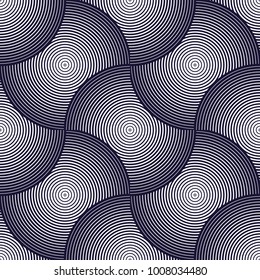 Geometric seamless pattern, abstract tiling background, vector repeat endless wallpaper illustration. Overlapping circles funky theme. Single color, black and white.