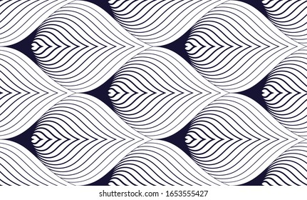 Geometric seamless pattern, abstract tiling background, vector repeat endless wallpaper illustration. Roof tiling or fish squama shapes motif. Single color, black and white. 