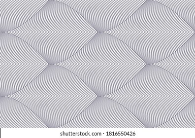 Geometric seamless pattern, abstract tiling background, vector repeat endless wallpaper illustration. Roof tiling or fish squama shapes motif. Single color, black and white.
