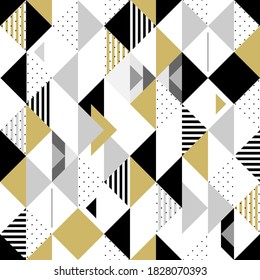 Geometric seamless pattern. Abstract triangle background with hand-drawn stripe and polka dots. Gold black and white pattern. Vector illustration.