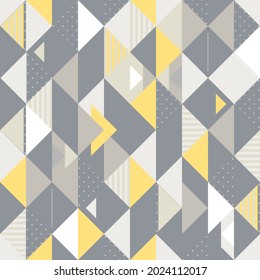 Geometric seamless pattern. Abstract triangle background with hand-drawn stripe and polka dots. Gold black and white pattern. Vector illustration.