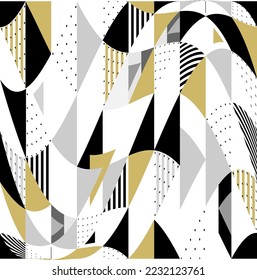 Geometric seamless pattern. Abstract triangle background with hand-drawn stripe and polka dots. Gold black and white pattern. Vector illustration.