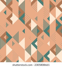 Geometric seamless pattern. Abstract triangle and square background with hand-drawn stripes and polka dots. Brown and pink pattern. Vector illustration.