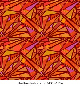 Geometric seamless pattern. Abstract triangles, polygons and stripes in orange, lilac and yellow colors, vector background.
