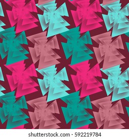 Geometric seamless pattern with abstract unusual shapes on dark red background.