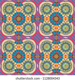 Geometric seamless pattern. Abstract vector background. Tiles orange, blue and beige background.